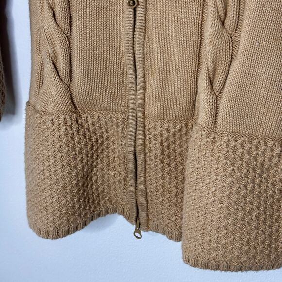 Athleta Cable Knit Zip Up Sweater Cardigan Hooded Camel Size Small Pre-Loved - Picture 11 of 16